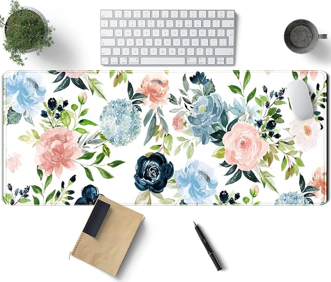 Gaming Green Desk Mat Desk Mouse Pads Purple Blue Pink Floral Mouse Pad Large, XL Big Computer Keyboard Mouse Mat Desk Pad Mat with Stitched Edge for Women Home Office Decor Deskmat 31.5x11.8 in