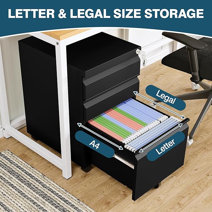 MIIIKO 3 Drawer File Cabinet on Wheels, Home Office Mobile File Cabinet Under Desk, Full Assembled Metal Filing Cabinets with Lock for Legal/Letter/A4 File Folders