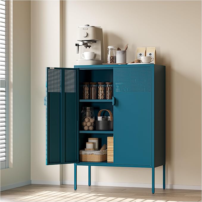COFaR Peacock Blue Metal Cabinet, 47”H Modern Sideboard with Adjustable Shelves, Stylish Coffee Bar & Buffet Storage for Dining Room, Kitchen, Ventilated Metal Organizer with Magnetic Doors