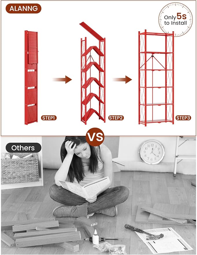ALANNG 73.6 Inch Folding Bookshelf, 6 Tier Metal Bookcase and Bookshelves, Tall Shelves for Living Room Office Bedroom, Heavy Duty Book Shelve Free Standing Open (Red, 4PACK)