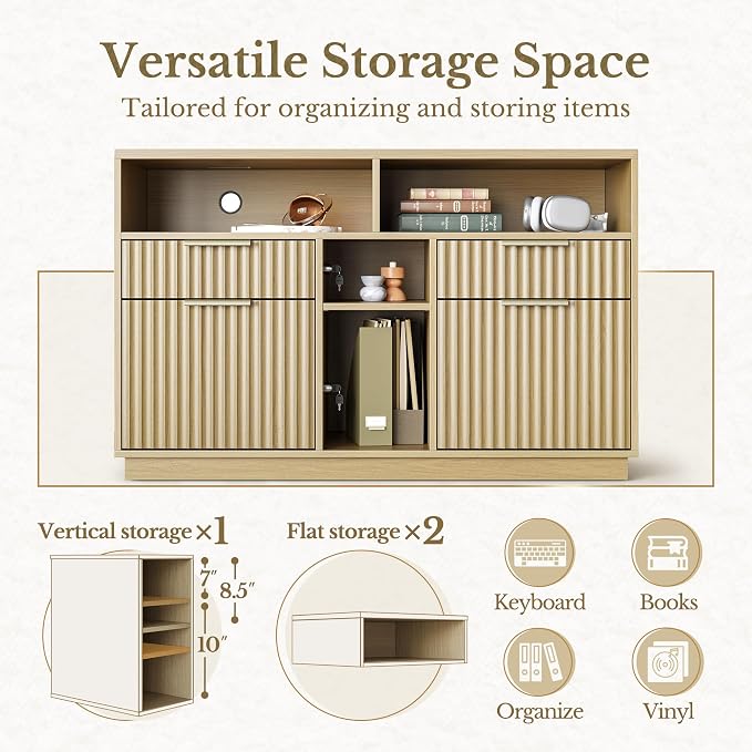4 Drawer File Cabinet, Fluted Wood Lateral Filing Cabinet with Lock and Charging Station for Home Office, Printer Stand with Open Storage Shelves, Fits A4, Letter Size, Light Waulnut