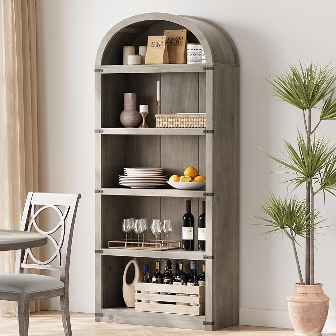 GarveeHome Bookcase 5 Shelf Arched Bookshelf 71.65 in Tall Bookcase Farmhouse Display Storage Rack Wooden Bookshelves for Home Office, Living Room (Rustic Gray)