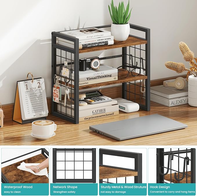 ELITEROO Desktop Shelf Organizer, 2 Tier Wood Desk Bookshelf, Desk Top Storage Rack for Office, Dorm, or Bedroom Decor, Small Tabletop Shelf for Books, Plants & Accessories, Rustic Brown
