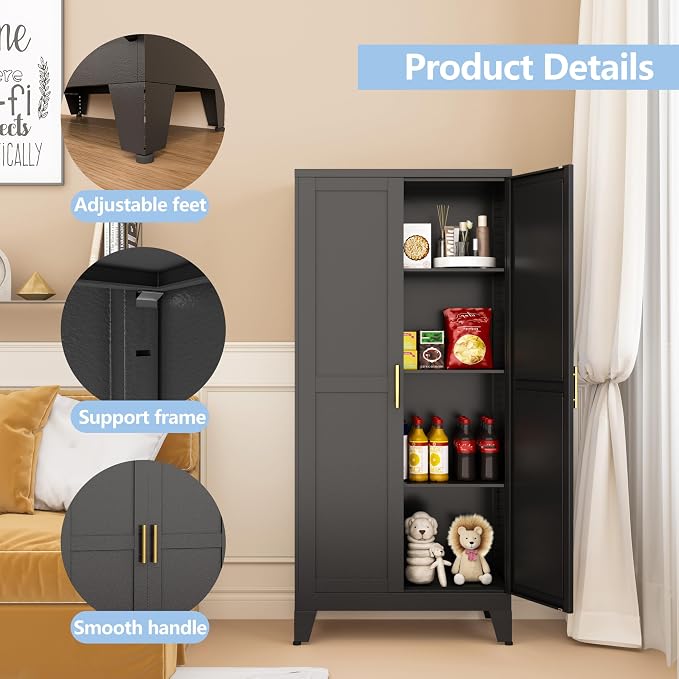 Black Metal Storage Cabinet, 48" Steel Cabinets for Home Office, Kitchen Pantry Storage Cabinet with Doors and 3 Adjustable Shelves, for Office, Home, Garage, School