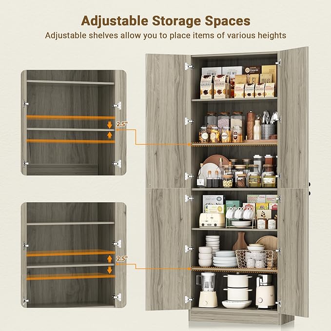 Cyclysio Storage Cabinet Set of 2, 80" Tall Arched Bookcase with 4 Soft Close Doors, 12-Tier Wooden 2 Set Pantry with Adjustable Shelves, Seamless Fit Wall for Home Office, Living Room, Kitchen