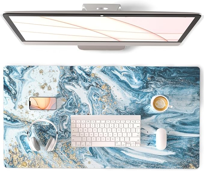 QIYI Large Desk Pad, Keyboard Mouse Pad Desktop Decor, Waterproof PU Leather Desk Cover Protector, Desk Accessories for Office Home Work Writing Gaming 31.5" x 15.7" - Blue Marble
