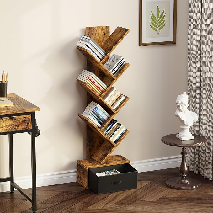 Rolanstar 7 Tier Bookshelf with Drawer, Tree Bookshelf, Small Bookshelves with Storage Rack for CDs/Movies/Books, Standing Book Shelf, Tall Narrow Bookcase for Living Room, Bedroom, Rustic Brown