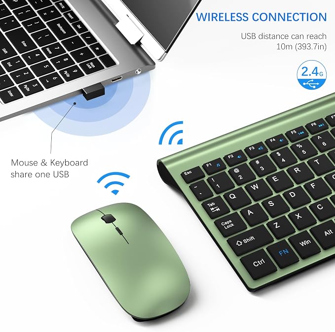 Wireless Keyboard and Mouse Ultra Slim Combo, TopMate 2.4G Silent Compact USB 2400DPI Mouse and Scissor Switch Keyboard Set with Cover, Batteries Included, for PC/Laptop/Windows/Mac - Green Black