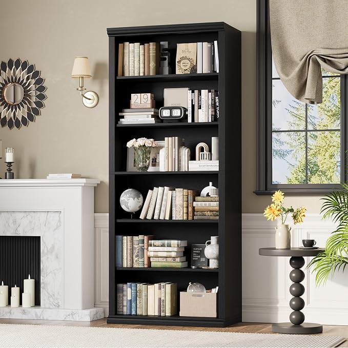 Rresyet Bookcase and Bookshelves, 28" W Tall Bookshelf with Elegant Design, 6 Tiers Spacious Book Storage, Freestanding Book Organizer, Display Library Shelf for Home Office, Living Room & Study Room