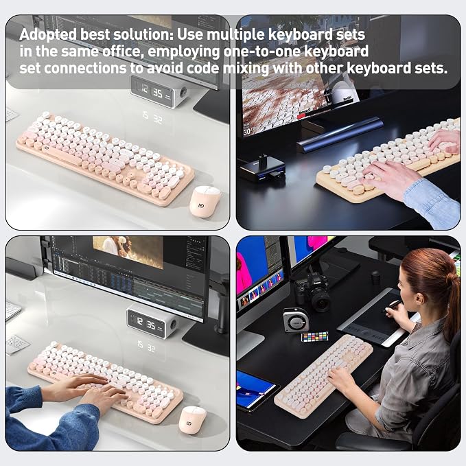 Wireless Keyboards Mouse Combos, Colorful Cute Typewriter Full-Size Retro Round Keycaps, 2.4GHz Cordless Sleep Mode Office Quiet Wireless Keyboard and Mouse Set for Desktop Laptop PC Computer