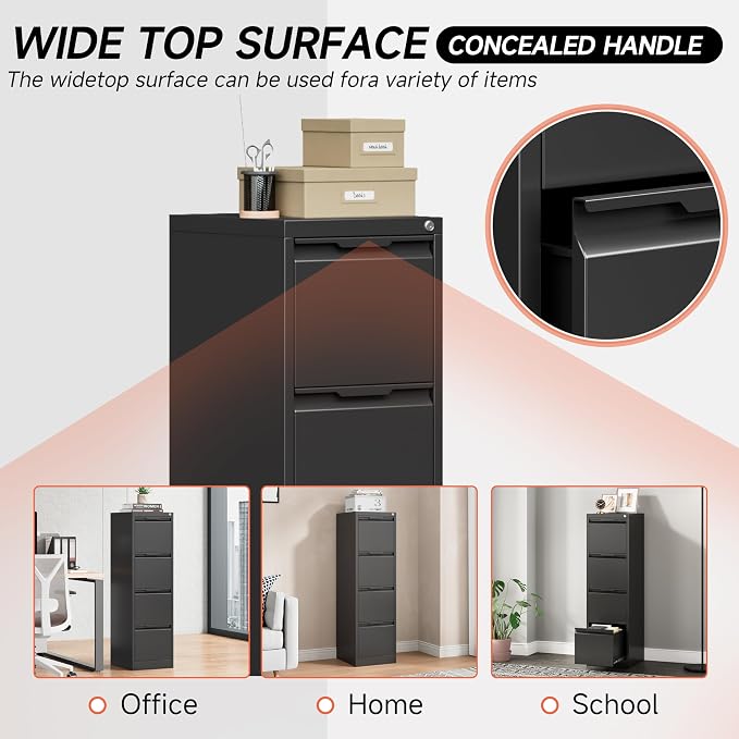 4 Drawer File Cabinet with Lock,17.8" Deep Vertical Metal Filing Cabinet for Home Office,Locking Drawer Tall for Hanging Letter/A4/Legal Folders, Easy Assemble-Black
