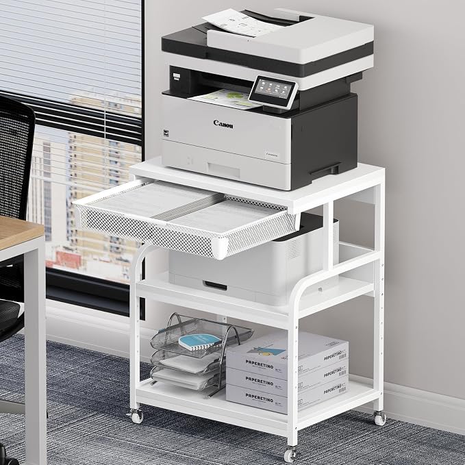 EasyCom 23.6''x18.9'' Extra Large Printer Stand with Drawer, 5-Adjustable Heights 3 Tier Table with Wheels, Rolling Printer Cart with Storage for Printer Scanner Fax Home Office Use