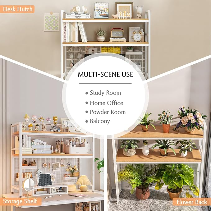 IOTXY 2-Tier Desktop Hutch Bookshelf - Metal Desk Shelf Bookcase with Grid Panel, Countertop Storage Organizer Rack for Dorm or Office, Black, 37.4" W