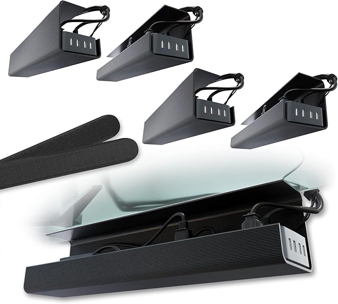 No-Screw Under Desk Cable Management Tray - Self-Adhesive Installation, Cord Management, Cable Tray, Under Desk Wire Organizer - Black Set of 4