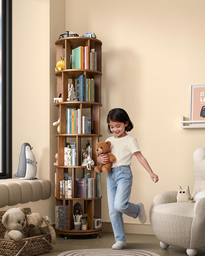 6 Tier Solid Wood Rotating Bookshelf on Wheels, 360° Spinning Book Shelf Tower, Round Revolving Bookcase Organizer, Rolling Bookshelves for Small Spaces, Corner, Bedroom, Kids Room, Office — Walnut