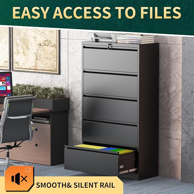 5 Drawer Lateral File Cabinet with Lock, Metal File Cabinets for Home Office, Steel Heavy-Duty Filing Storage Cabinet for Letters/Legal/A4 (Require Assembly, Black)
