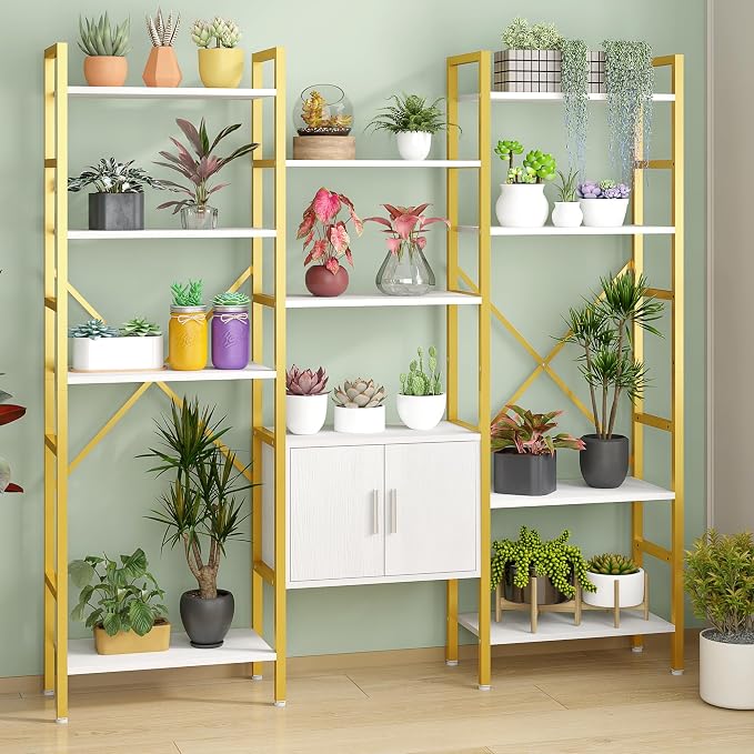 Yusong Bookshelf Triple Wide 5 Tier Bookcases with Storage Cabinet, Industrial Large Modern Tall Bookshelves with 12 Open Display Shelves for Living Room Office Bedroom, White and Gold