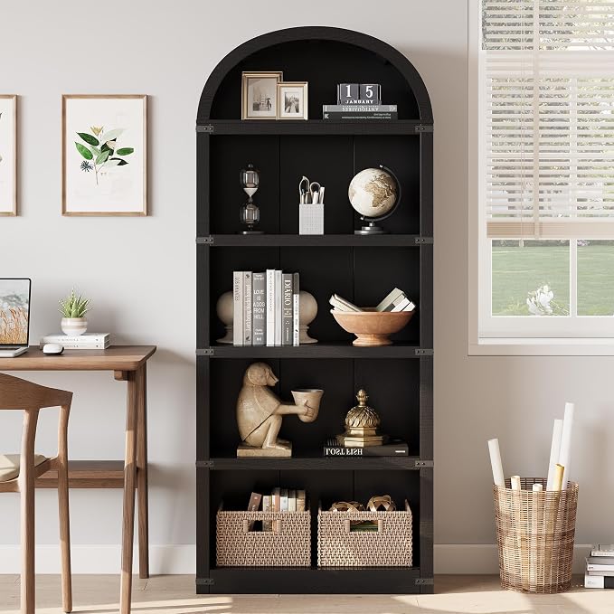 GarveeHome Bookcase 5 Shelf Arched Bookshelf 71.65 in Tall Bookcase Farmhouse Display Storage Rack Wooden Bookshelves for Home Office, Living Room
