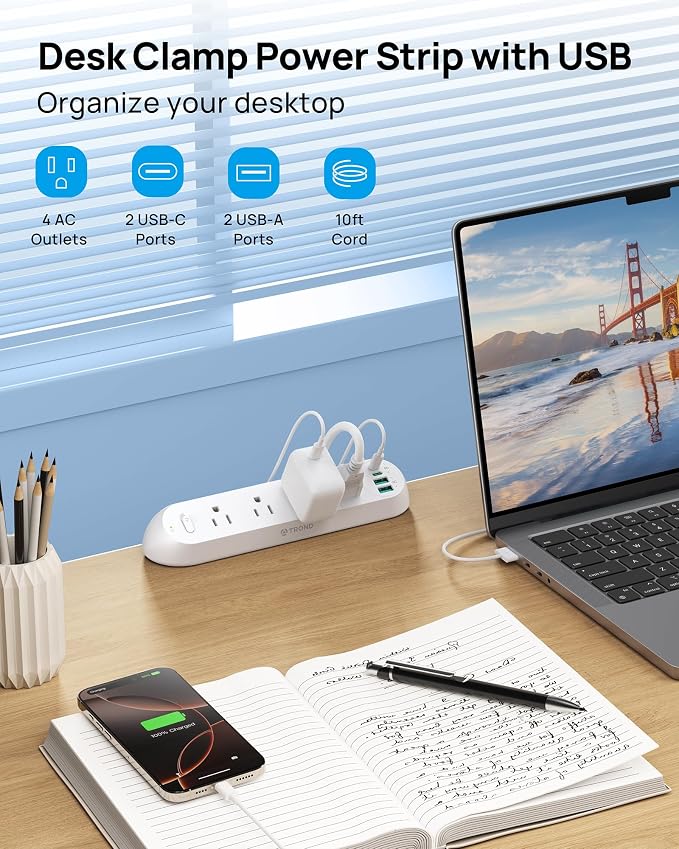TROND Desk Clamp Power Strip 20W USB C, Flat Plug 10ft Extension Cord, Surge Protector with 4 Outlets 4 USB Ports, 1700J, ETL Listed, Fits 1.97 inch Tabletop Edge, for Home Office Accessories, White