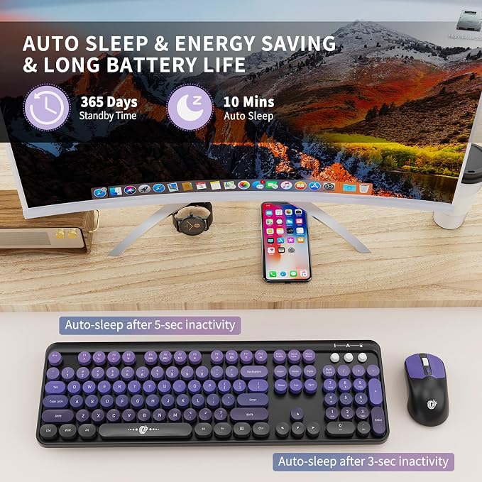FOPETT Wireless Keyboard and Mouse Combo, 104 Keys Full-Sized 2.4 GHz Round Keycap Colorful Keyboards, USB Receiver Plug and Play, for Windows, Mac, PC, Laptop, Desktop (Black Purple)