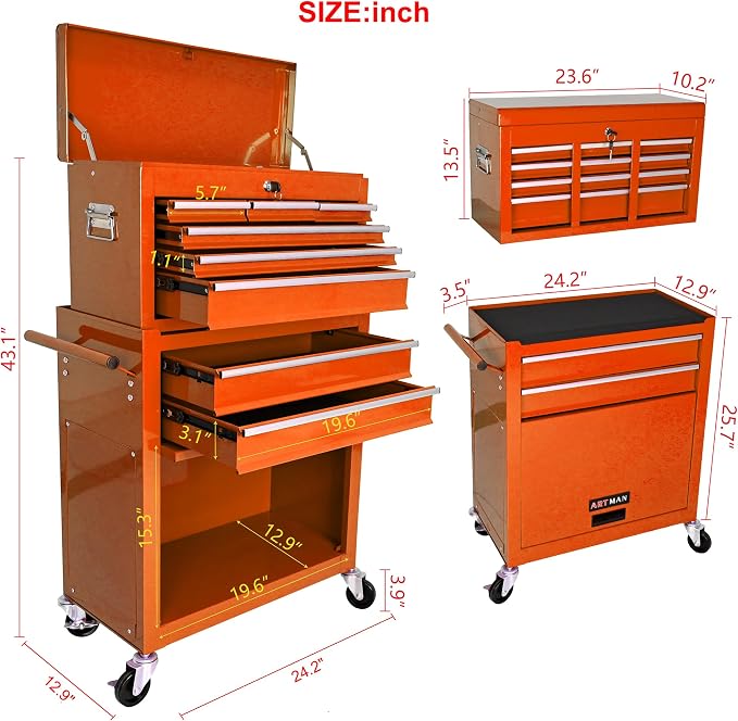 RYH 8 Drawers Rolling Tool Chest & Tool Box on Wheels | Heavy Duty Metal Cart with Ball Bearing Drawers | Fits US General Tool Box for Garage Storage(Orange, 8 Drawers /43.1" H × 24.2" W)