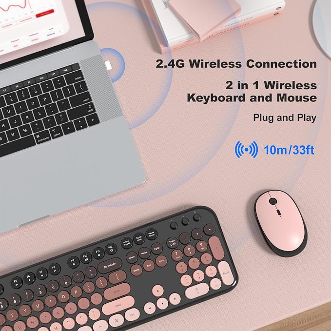 Wireless Keyboard Mouse Combo - Lovely BlackBerry-Gradient Rainbow Full-Sized Typewriter Colorful Keyboards, Round Keycap Plug Play Retro Cute Keyboards for Windows, Laptop, PC, Desktop, Computer