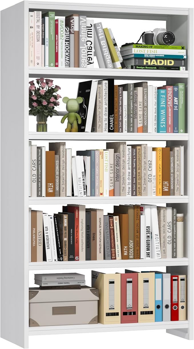 69" White Bookshelf, 5 Tier Tall Bookcase with Bookend, Large Metal Book Shelf Display Storage Shelves for Bedroom Living Room Office