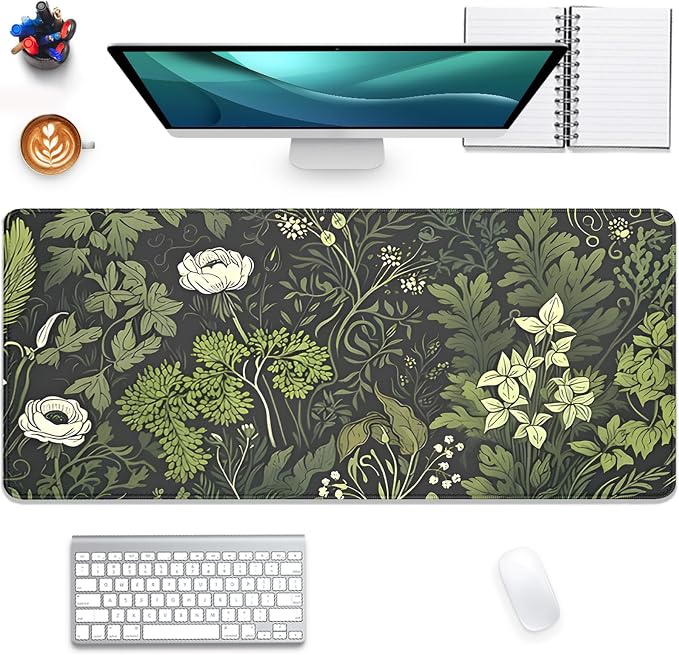Sage Green Floral and Plant Desk Pad Mouse Pad,Large Gaming Mouse Mat with Stitched Edges,Non-Slip Waterproof Rubber Base Mous Mat for Office Computer Keyboard Laptop Home(27.5X11.8 in)