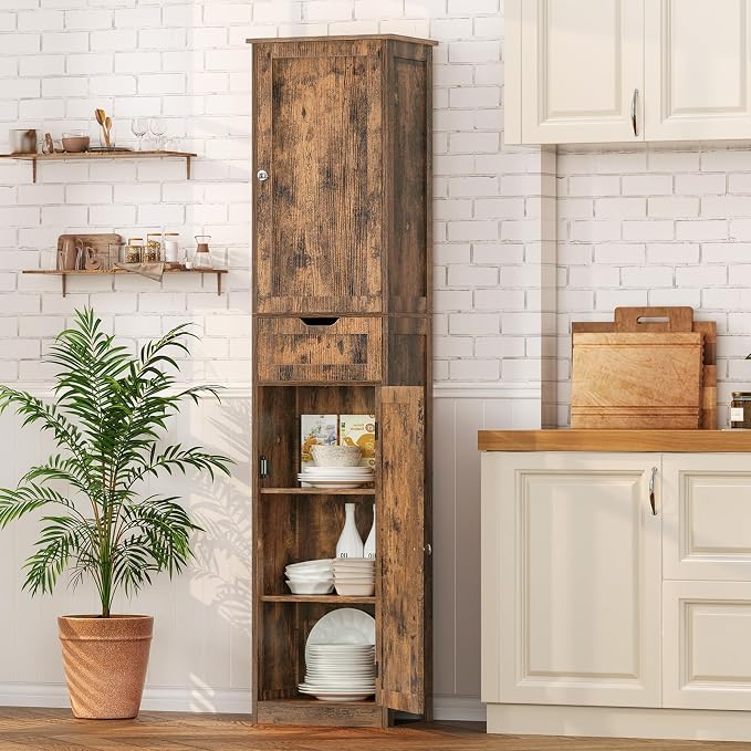 Iwell 67" Tall Storage Cabinet, Bathroom Cabinet with Drawer & Adjustable Shelves, Narrow Storage Cabinet, Floor Cabinet for Living Room, Home Office, Rustic Brown
