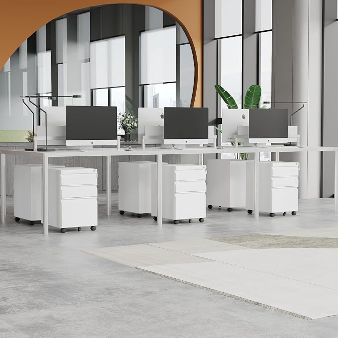 MIIIKO 3 Drawer File Cabinet on Wheels, Home Office Mobile File Drawers Under Desk, Full Assembled White Filing Cabinets with Lock for Legal/Letter/A4 File Folders