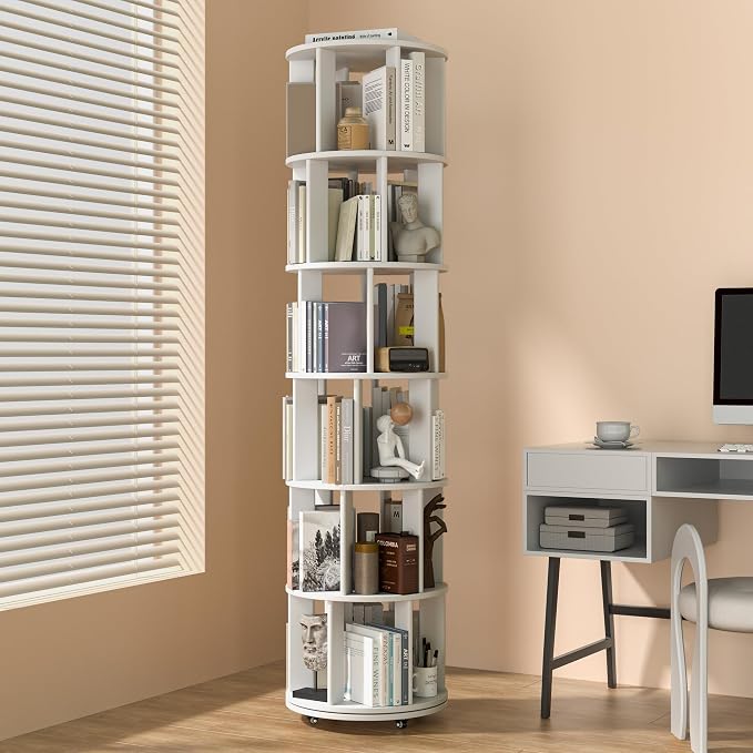 6-Tier Solid Wood Rotating Bookshelf on Wheels, 360° Spinning Book Shelf Tower, Round Revolving Bookcase Organizer, Rolling Bookshelves for Small Spaces, Corner, Bedroom, Kids Room, Office, White