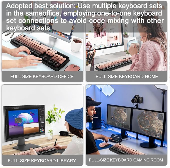 Wireless Keyboard and Mouse Combo for Long Nails, Black Pink Aesthetic Bubble Keyboard with Round Keys, Cute Typewriter Style Full Size Keyboard with Number Pad for PC Laptop Desktop