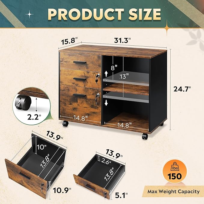 DEVAISE 3-Drawer Wood File Cabinet with Lock, Mobile Lateral Filing Cabinet, Printer Stand with Open Storage Shelves for Home Office, Rustic Brown