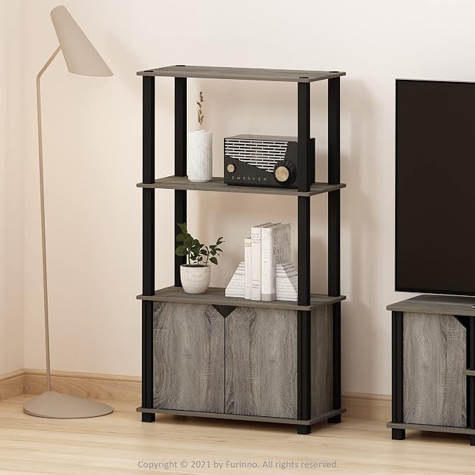 Furinno Brahms 4-Tier Multipurpose Bookcase/Bookshelf/Display Shelf/Display Rack with Door, French Oak Grey/Black