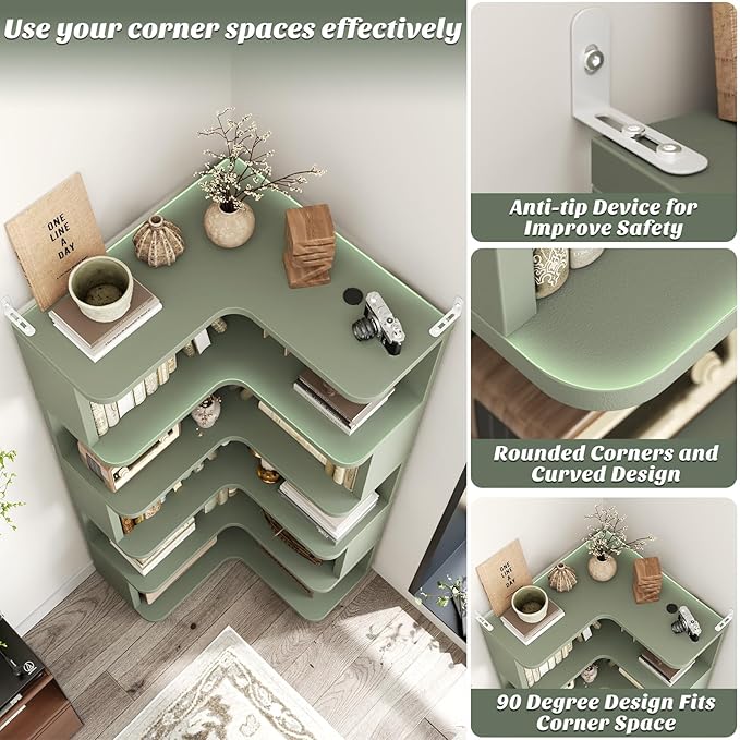 Armocity Corner Book Shelf - 6 Tier Corner Bookshelf Etagere Bookcase with Baffle, Freestanding L Shaped Display Shelf Stand for Home Office, Living Room, Bedroom, Kitchen, Crab Green