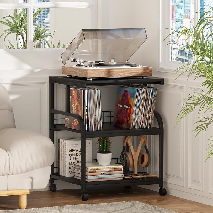 Lerliuo Large Printer Stand with Storage, 23.6"W x 18.9"D x 30.2"H, 5-Adjustable Shelf Heights Mobile 3 Tier Table with Lockable Wheels, Industrial Rolling Printer Cart, Black Stands for Home Office