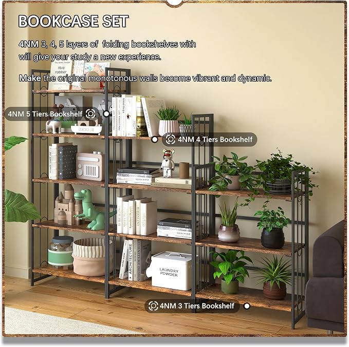 4NM No Assembly 4 Tiers Folding Bookshelf, 47.2" H Foldable Storage Shelves Vintage Bookcase Standing Racks Study Organizer Home Office - Rustic Brown Black