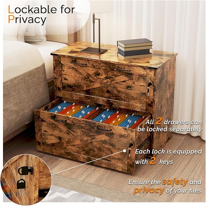 VINGLI 2 Drawer File Cabinet with Lock, Home Office Filing Organizer, for Letter Legal A4 Size File Folder Storage, Modern Farmhouse, Wood Lateral Filing Cabinet, Archivador (Rustic Brown)