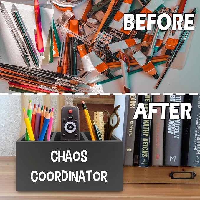 Chaos Coordinator Black Pen Pencil Holder Organizer for Desk, Thank You Gifts for Women Men Coworkers Boss Leader Manager, Appreciation Gifts Wooden Box Sign for Office Tabletop Decorations
