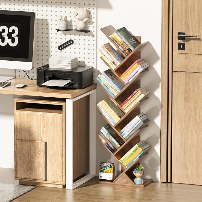 SHEEPAM 10 Tier Tree Book Shelf, Floor Standing Wood Bookshelf for Narrow Space, Storage Organizer Bookshelves for Books/CDs/Magazine, Bookcase with Shelves for Home Office, Living Room - Brown
