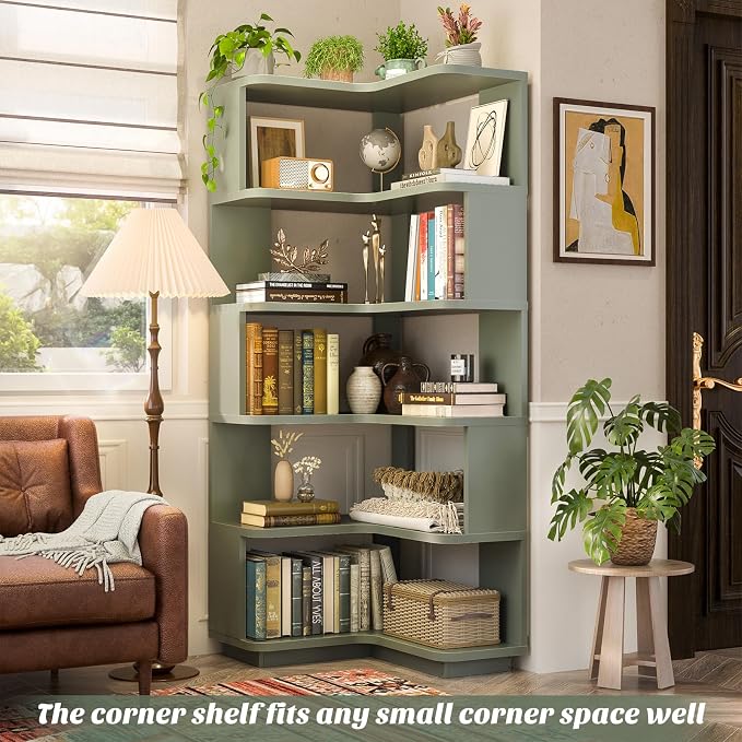 Armocity Corner Book Shelf - 6 Tier Corner Bookshelf Etagere Bookcase with Baffle, Freestanding L Shaped Display Shelf Stand for Home Office, Living Room, Bedroom, Kitchen, Crab Green