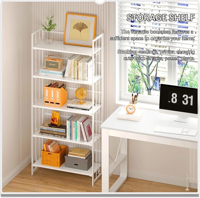 4NM No Assembly 5 Tiers Folding Bookshelf, 59.4" H Foldable Storage Shelves Vintage Bookcase Standing Racks Study Organizer Home Office - All White