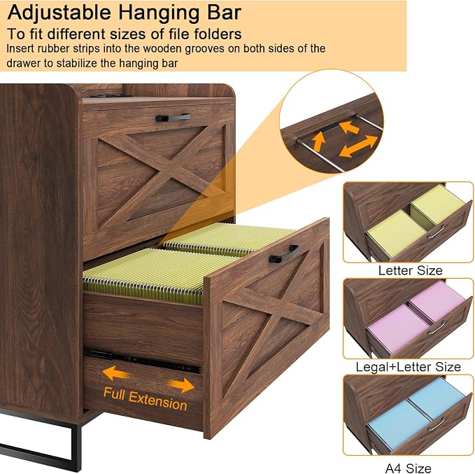 Halitaa File Cabinet 2 Drawers Lateral File Cabinet with Charging Station for Letter/Legal/A4 Size Hanging Files, Large Wood File Storage Cabinets Printer Stand for Home Office, Dark Walnut