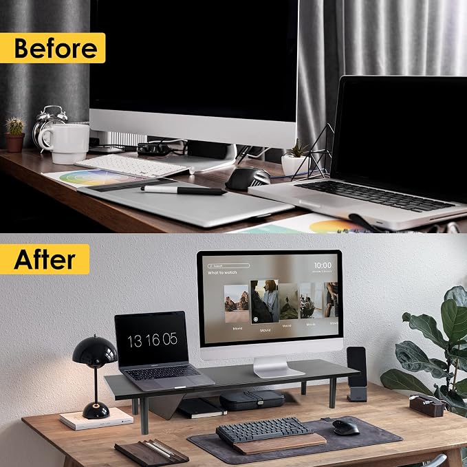 Across-Star Dual-Monitor-Stand-Riser-For-Desk Adjustable Length 32-40 Inch，Large Desktop Computer Monitor Riser For 2 Screens，Desk Shelf Organizer Riser Stand For Computer/Laptop/PC/Printer/TV Black