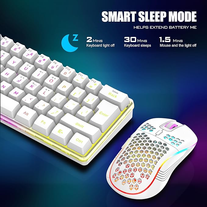 RedThunder 60% Wireless Gaming Keyboard and Mouse Combo, 2500mAh Rechargeable Battery, Ultra-Compact Small RGB Mechanical Feel Keyboard, Lightweight Honeycomb Optical Mouse for Gaming/Business, White