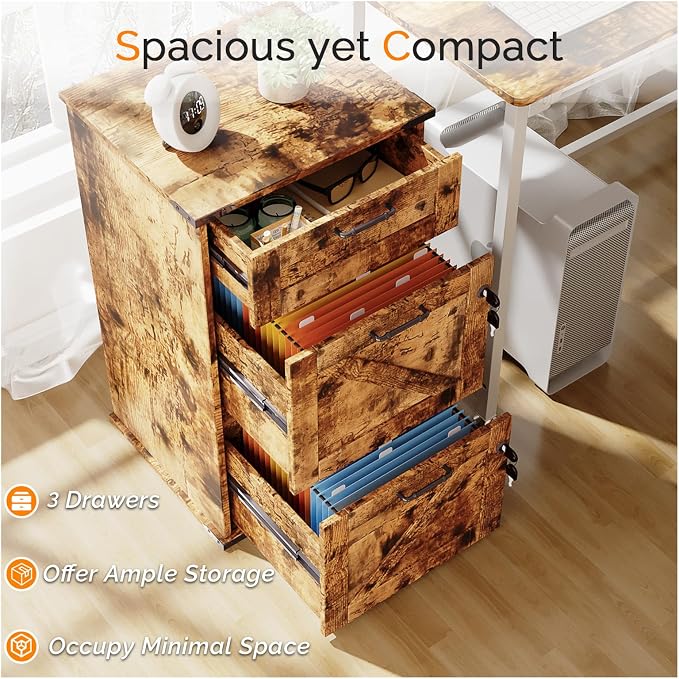 VINGLI 3 Drawer File Cabinet with Lock, Home Office Filing Organizer, for Letter Size File Folder Storage, Modern Farmhouse Style, Wood Vertical Filing Cabinet, Archivador (Rustic Brown)