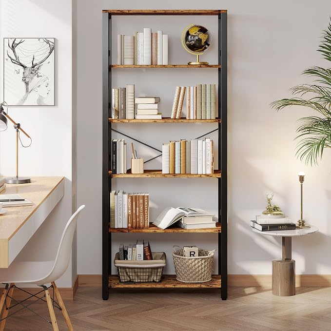 IRONCK Bookshelf, 31.5in Wide Shelf 6 Tier Bookcase, 110lbs/shelf Vintage Industrial Style Bookshelves for Bedroom, Living Room and Home Office, Vintage Brown