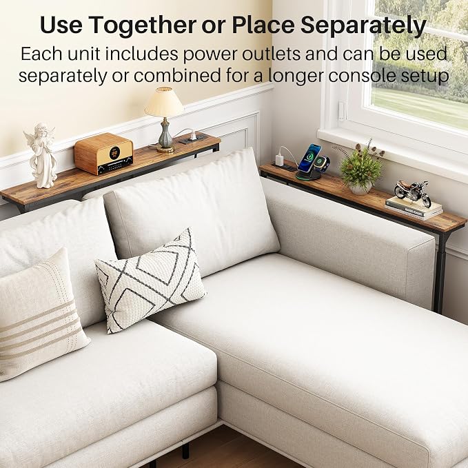 Kitstorack Behind Couch Table, Adjustable Height Narrow Console Table with 2 Power Strips, Split Design for Separate Wall Use, Anti-Scratch Tip, Rustic Brown for Living Room (70.8" Long)