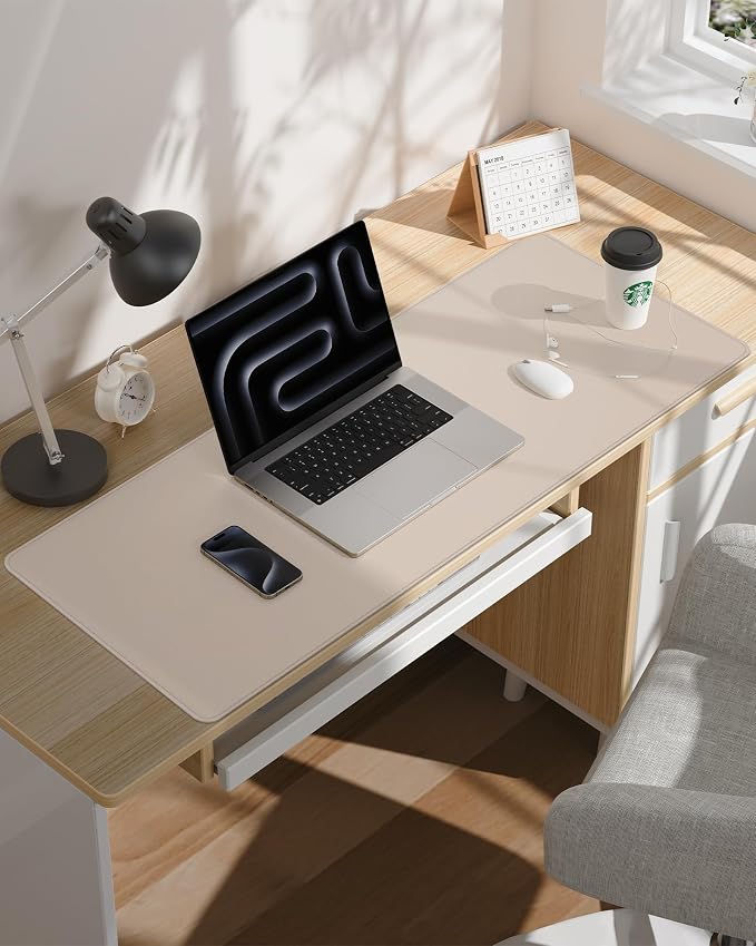 AFIING Leather Desk Pad Protector, Office Mat, Large Mouse Pad, Non-Slip PU Leather Blotter, Waterproof Writing Pad for Office and Home (Beige)