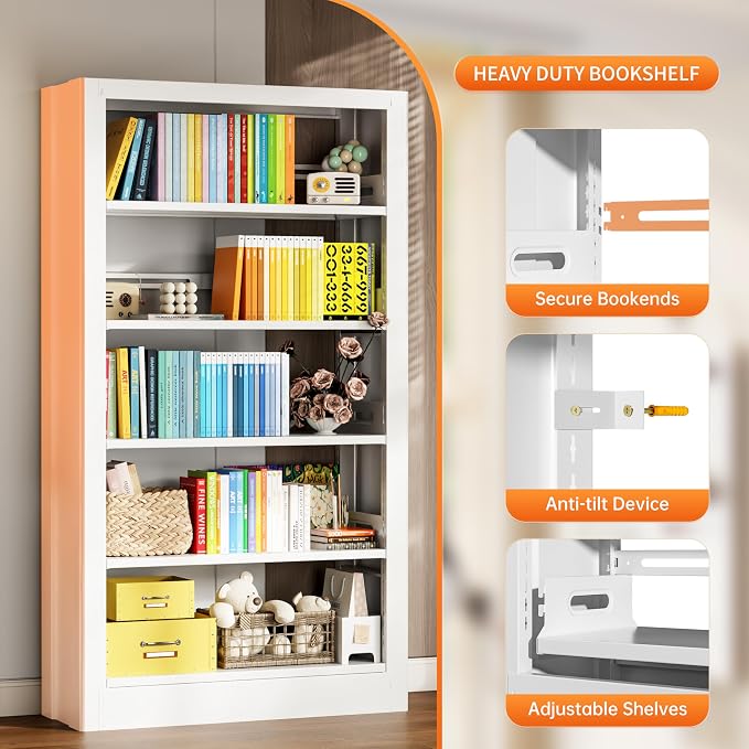 5-Tier Bookcase with Adjustable Storage Shelves, Metal Bookshelf with Book Stopper, Bookcase Shelf for Library, Office, Living Room (White(1 Column,3 Combination Bookshelves))